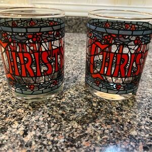 2 Vintage Cora Cera Stained Glass Style Merry Christmas Bar Drink Glasses